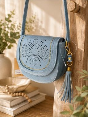 NWTBlue Perforated Leather Crossbody Bag with Tassel